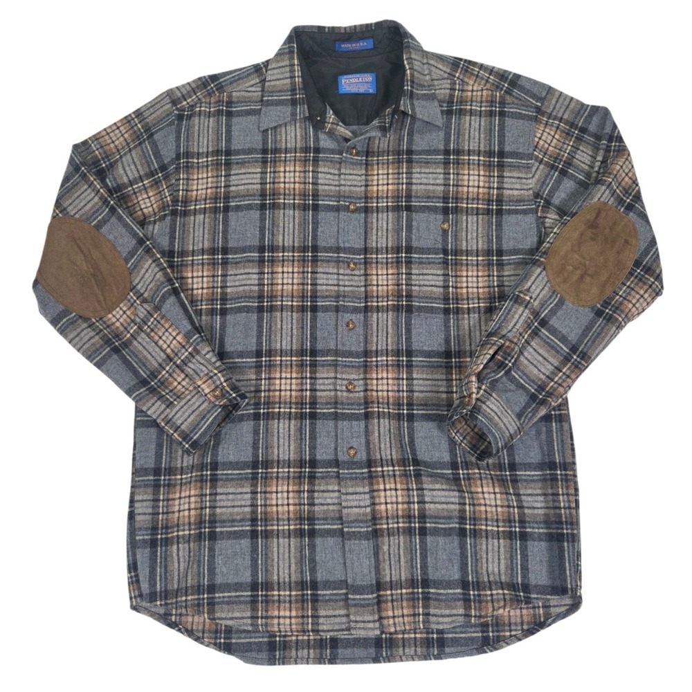 Vintage Pendleton 100% Virgin Wool Made USA Gray Flannel Elbow Patches Large Vtg
